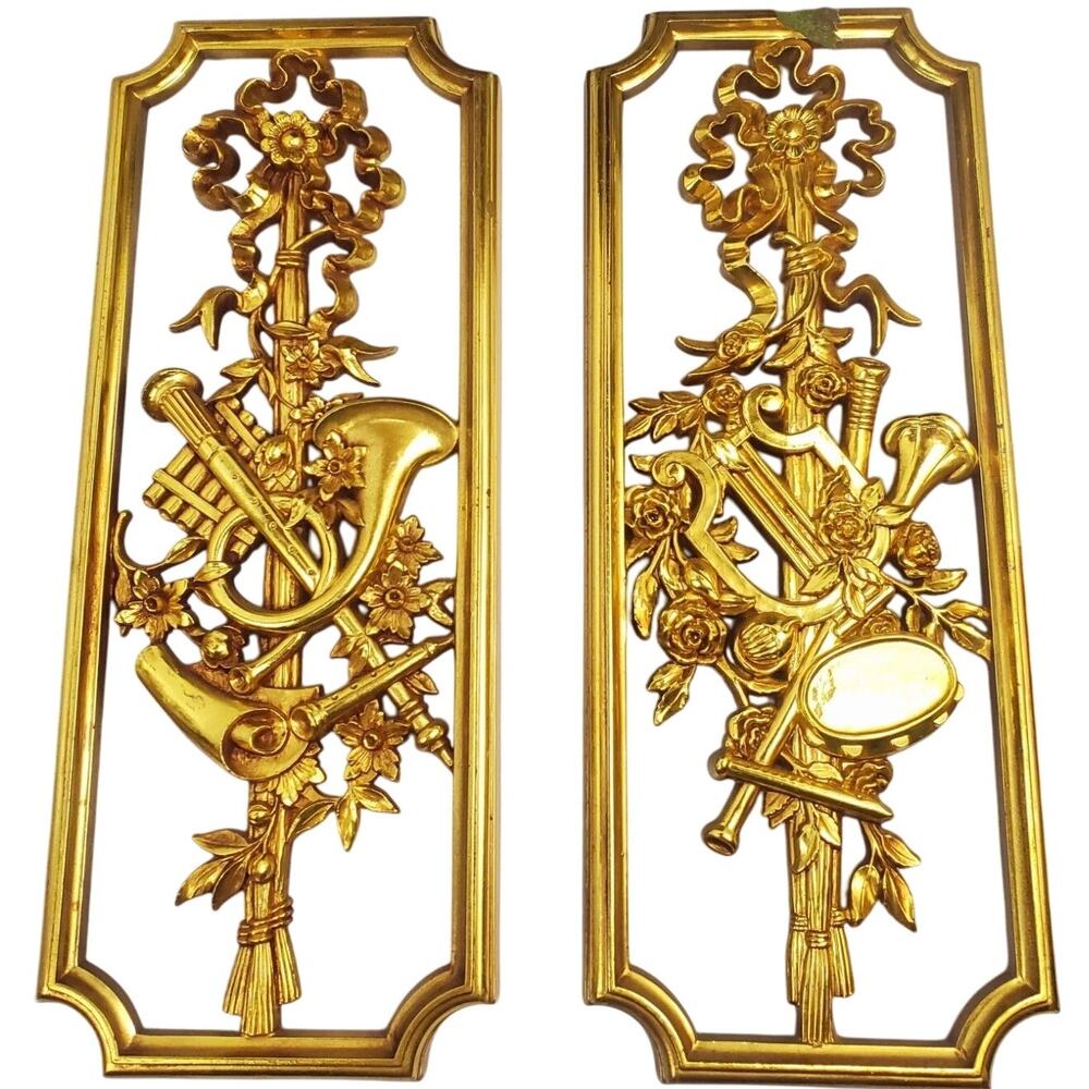 2 Syroco Homco Set Gold Musical Instrument Wall Plaques 1964 Vintage MCM Regency